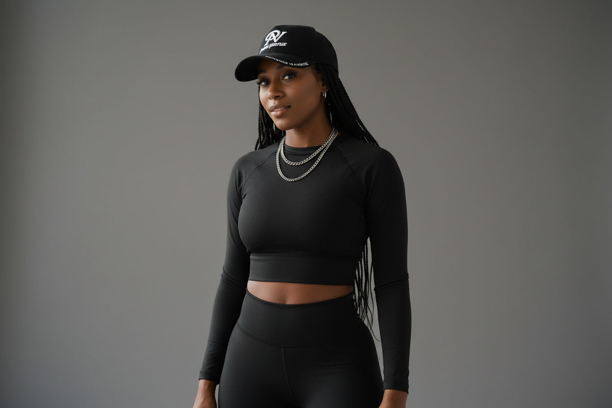 Black girl wearing Pure Virtue hat with solid background